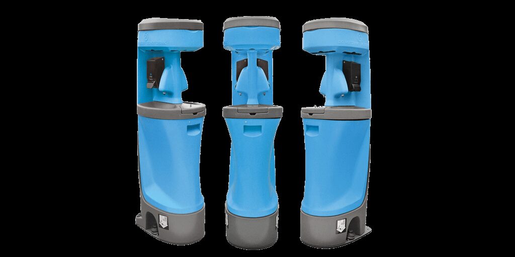 Three blue portable hand-wash stations shown in a studio product photo